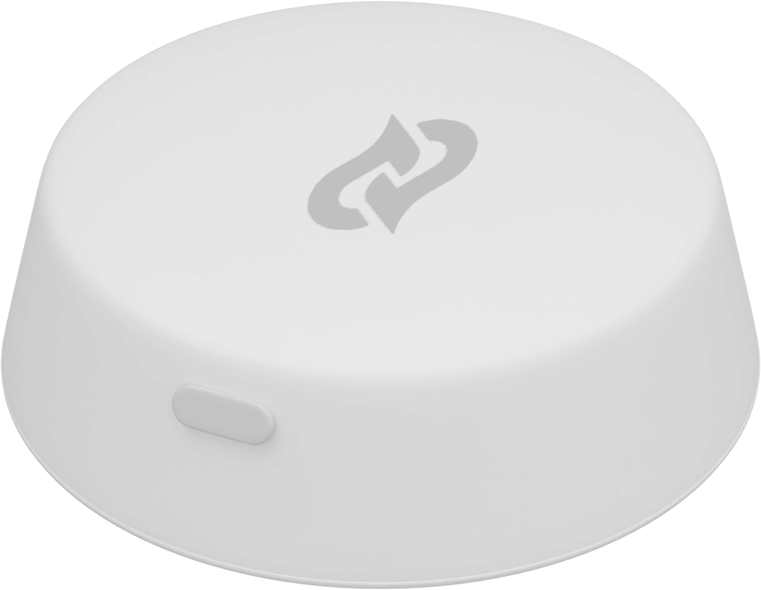 White circular smart-home puck with a small side button and a gray logo on top.