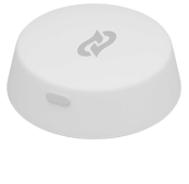 White, round Bluetooth tracking tag with a gray chain-link logo on top, used to locate items