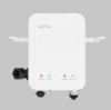 White Sentrax gateway with four status LEDs (Power, Status, SIM, GPS) and side cable ports on a gray background.
