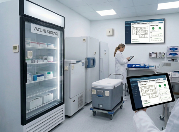 Medical lab scene with a glass-front vaccine storage freezer labeled 'VACCINE STORAGE' and staff using tablets.