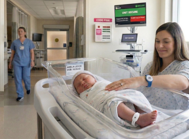 Newborn baby Amelia Joyce in a clear hospital bassinet, gently touched by a smiling caregiver; nurse walking in the hallway in scrubs in the background.