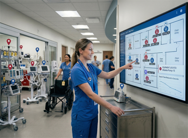 Nurse in blue scrubs points at a large wall-mounted care pathway diagram on a touchscreen in a hospital corridor.