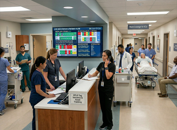 Hospital emergency department with staff at a front desk and a patient being wheeled down a hallway on a stretcher, medical monitors visible in the background.