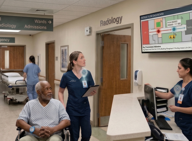 Nurse with clipboard beside an elderly man in a wheelchair in a radiology hallway, with another staff member at a desk and a monitor showing patient flow data.