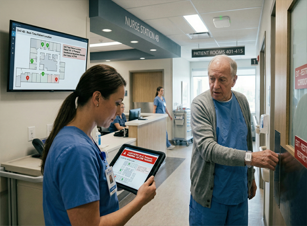 Nurse uses a tablet to assist an elderly patient at a doorway in a hospital corridor near the nurse station.