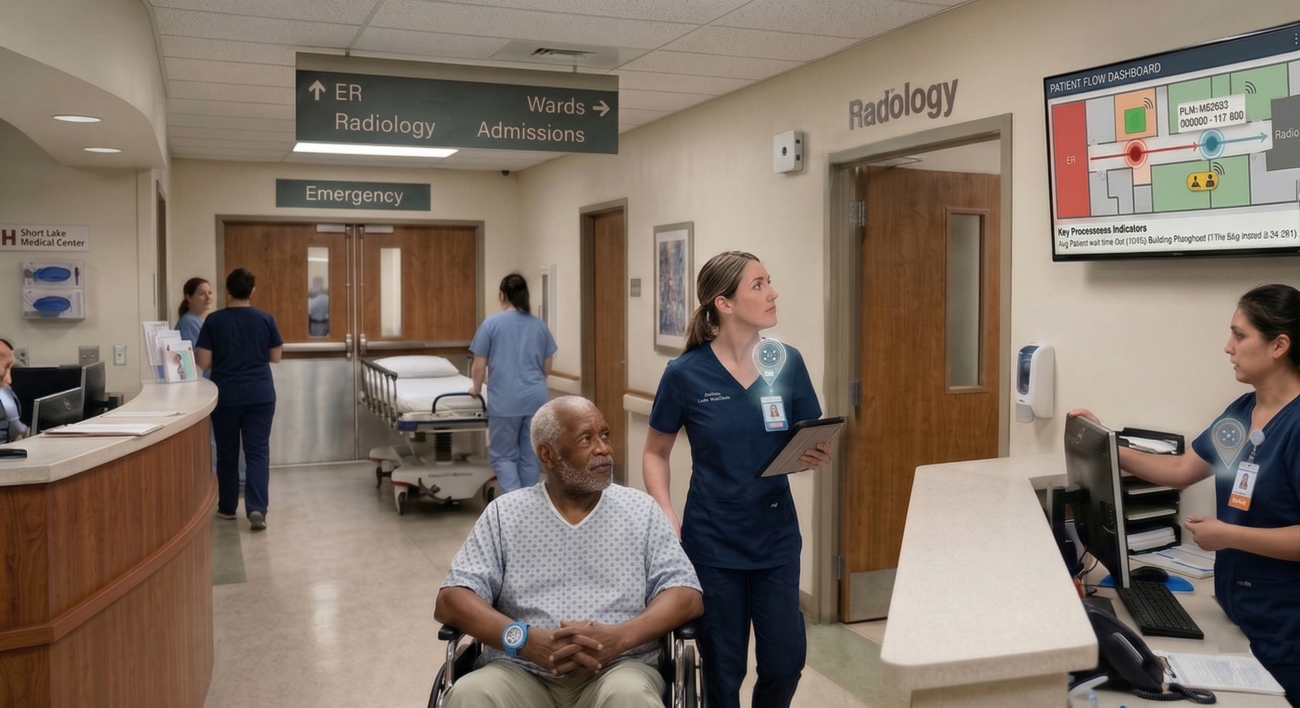 Real-time patient flow optimization in hospitals using RTLS technology to monitor movement, reduce wait times, and improve care efficiency