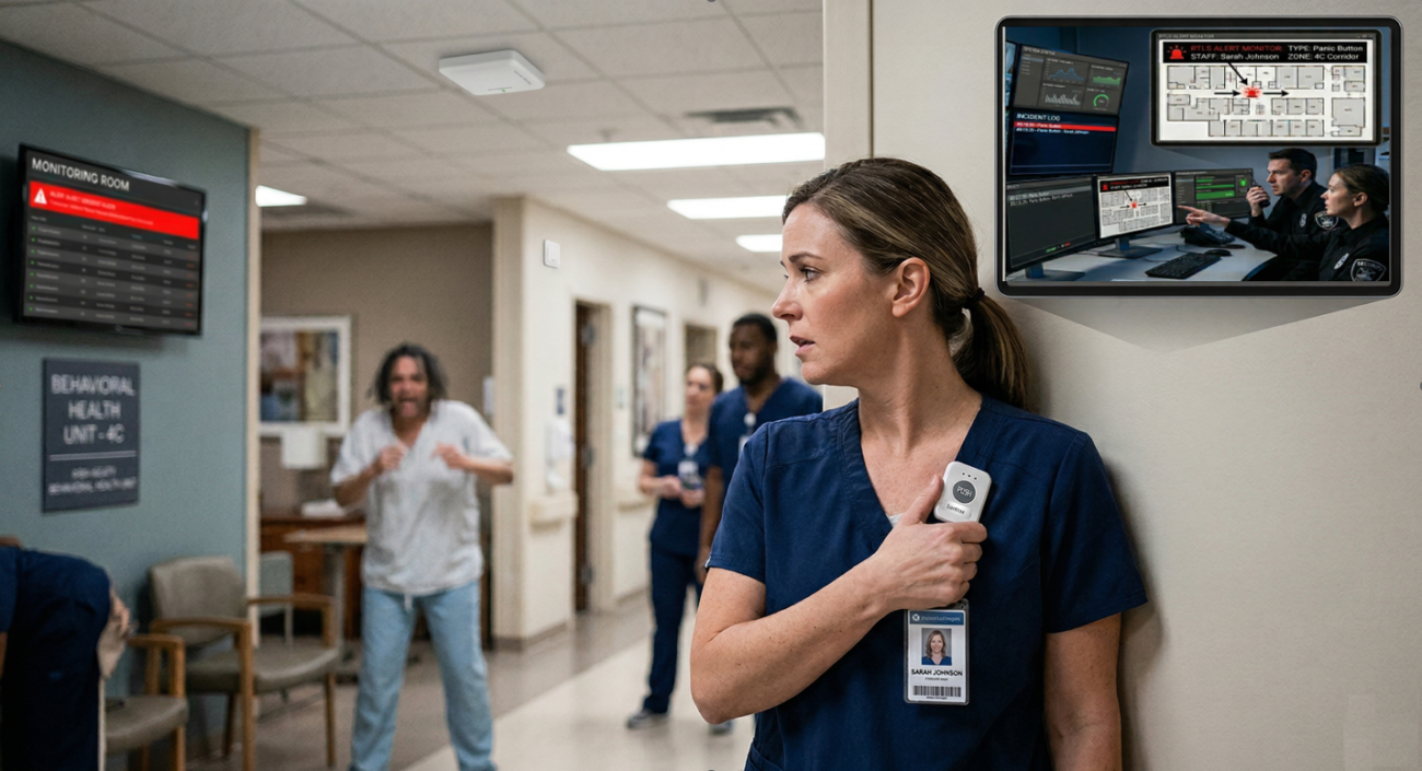 Real-time staff safety and emergency response system using RTLS wearable badges with panic buttons and instant alerts in hospitals