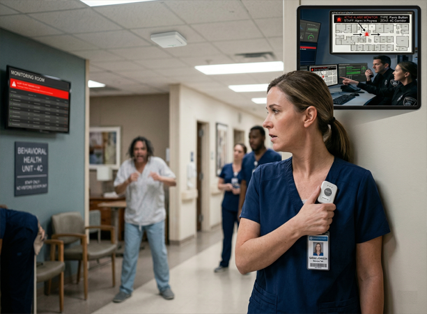 Nurse in blue scrubs with an ID badge grips a radio in a hospital hallway, with a wall-mounted monitor and other staff in the background.