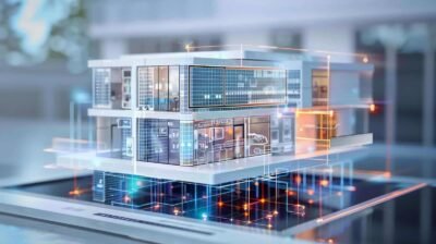 smart-buildingsjpg - Sentrax Futuristic architectural model of a glassy two-story building with holographic blueprints and glowing data lines.
