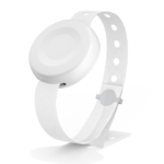 White circular wearable device mounted on a white adjustable strap, resembling a fitness tracker or wearable sensor.