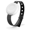 Circular white smartwatch module attached to an adjustable black strap with holes, floating against a white background.