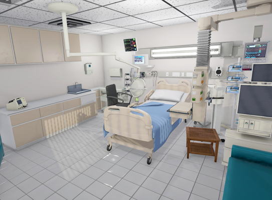 Hospital ICU room with a padded bed, blue sheets, and multiple monitors and medical devices nearby.