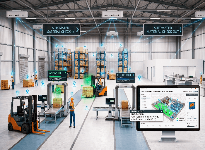 Automated warehouse with check-in/check-out signs, forklifts, workers, and a monitor displaying the warehouse layout.