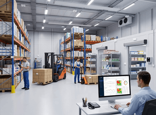 Warehouse interior with tall shelving, workers stocking pallets, and a forklift in operation; a person at a desk monitors inventory on a computer.