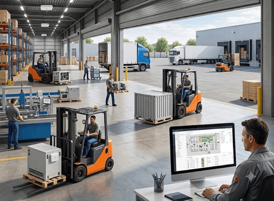 Warehouse interior with several orange forklifts moving pallets and workers handling crates; a manager at a computer monitors a warehouse system in the foreground.