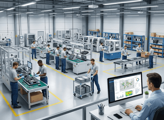 Factory floor with multiple workers assembling electronics at stations and a supervisor monitoring a computer screen in the foreground.