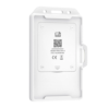 Rear view of a white RFID reader enclosure with mounting bracket and label on the back panel