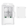 White outdoor weatherproof enclosure opened to reveal a four-battery pack arranged in a 2x2 square; a separate lid sits beside the box.