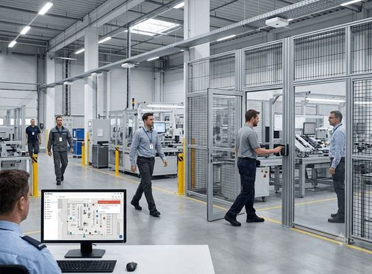 Factory floor with automated machinery; a worker at a control desk monitors the production line as colleagues walk through safety gates.