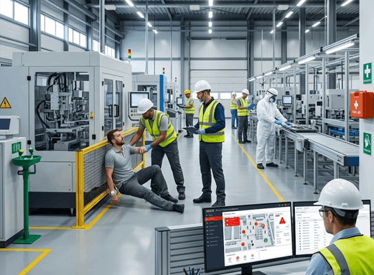 Man sitting on the floor being assisted by a coworker next to a large industrial machine on a factory floor.