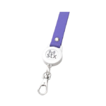 Retractable badge reel with a purple strap, white round reel labeled 'stx' and a metal clip for attaching an ID badge.