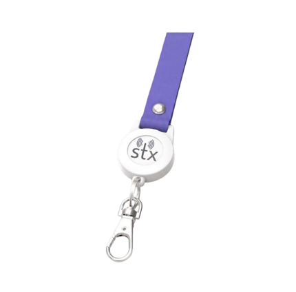 Retractable badge reel with a purple strap, white round reel labeled 'stx' and a metal clip for attaching an ID badge.