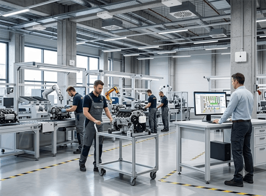 Manufacturing workshop with technicians operating machinery; a cart carries a component as workers perform tasks at stations in a clean, organized plant.