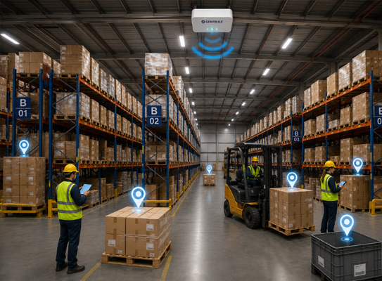 Warehouse aisle with tall racks and pallets, workers in hi-vis vests using tablets, and a forklift moving a pallet; blue location pins indicate IoT inventory tracking.
