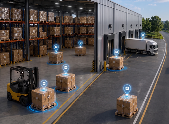 Warehouse loading dock with stacked pallets and a forklift; blue location markers indicate automated inventory tracking around each pallet and a truck dock at the far end.
