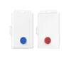 Pair of white rectangular wall-mounted devices with a blue button on the left and a red button on the right.