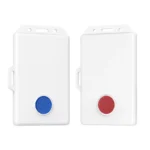 Pair of white rectangular wall-mounted devices with a blue button on the left and a red button on the right.