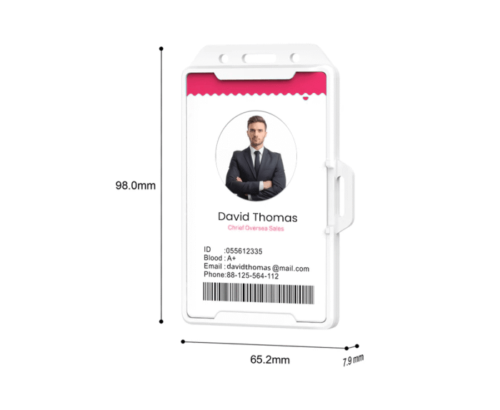 ID badge with portrait, name David Thomas, Chief Overseas Sales, contact info, and a barcode.