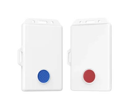 Pair of white rectangular wall-mounted devices with a blue button on the left and a red button on the right.