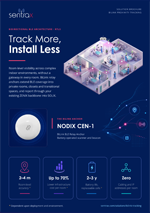 Hero banner for Sentia: dark blue page with an isometric building of connected devices, headline 'Track More, Install Less', and feature badges showing quick deployment benefits.