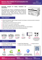 Product datasheet-style infographic for Sentix RTLS Evaluation Kit: summarizes main features, kit contents, applications, and benefits; includes a hardware box image, QR code, and brand logos for quick deployment and evaluation.