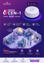 Purple promotional banner for a CNC-1 smart device; shows a white rounded hub and isometric office scenes illustrating features like reduced infrastructure and remote management.