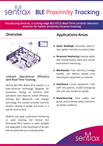 Sentax BLE Proximity Tracking one-page flyer with sections: Overview, Applications, and Benefits (smart buildings, retail, asset tracking).