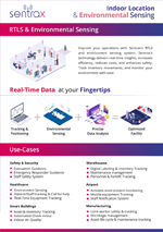 Sentrax RTLS & Environmental Sensing banner showing 'Real-Time Data at your fingertips' with icons for tracking, environment, people, and assets, plus a use-cases section.