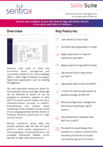 Marketing brochure page for Sentrax Solix Suite; two-column layout with Overview and Key Features, a small diagram thumbnail, and logos at top and bottom.