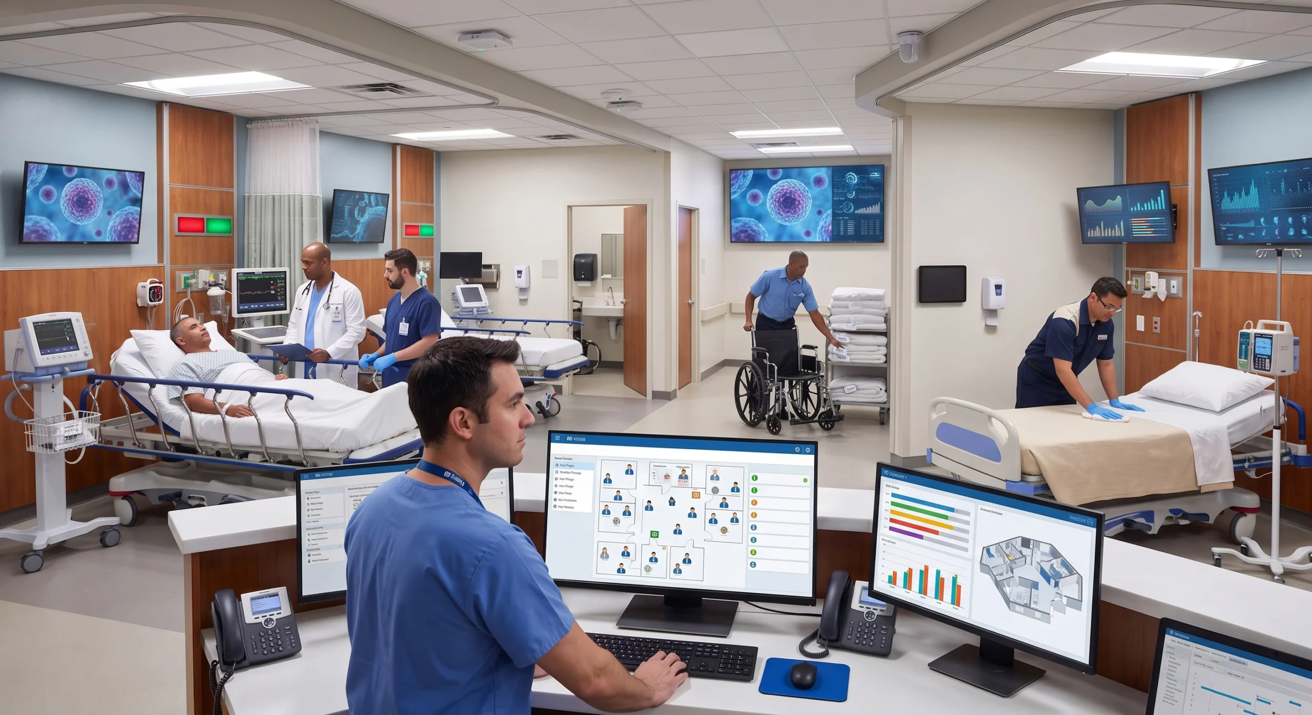 Hospital command center with clinicians at desks, patient beds, and multiple monitors displaying medical data in a bright ward.
