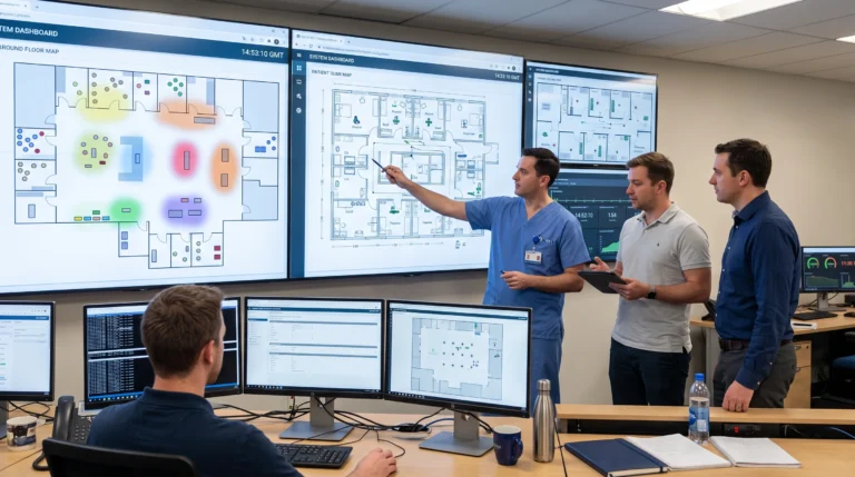Group of professionals in a control room reviewing large floor plan displays; one presenter in scrubs points with a pen while others listen.