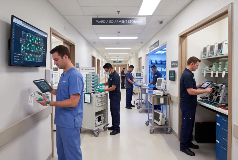 Nurses in blue scrubs work in a hospital corridor labeled Ward A Equipment Storage, handling medical devices and monitors.