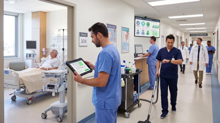 Nurse using a tablet beside a patient in bed 304 as doctors and staff walk through a hospital corridor.