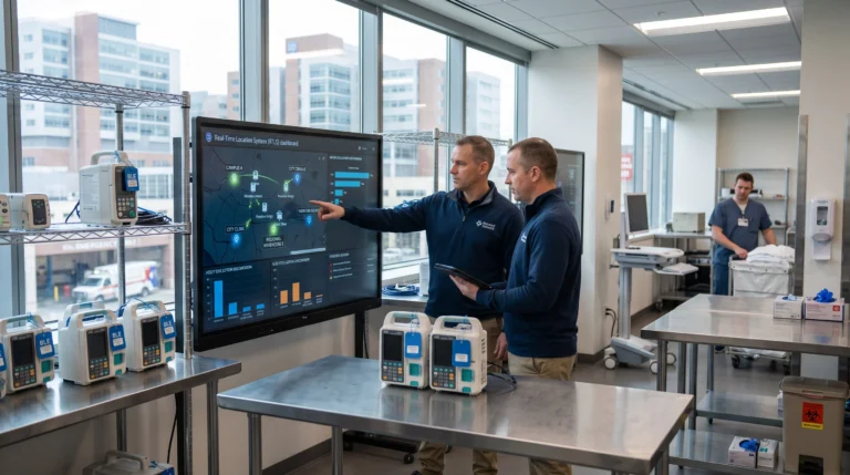 Two professionals analyze a large touchscreen dashboard showing a real-time location map and charts in a clinical lab for patient tracking.