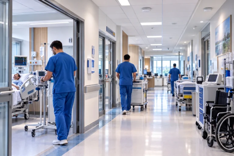 Nurse in blue scrubs checks an IV setup beside a patient in a hospital bed in a bright corridor with multiple rooms nearby.