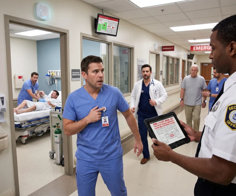 Medical team in blue scrubs gathers in a hospital corridor near a patient in a bed. One staff member points to a chart as others discuss.