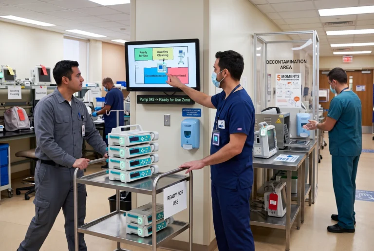 Healthcare workers wearing masks and scrubs in a hospital decontamination area, pushing carts of medical equipment by a touchscreen monitor and sign.