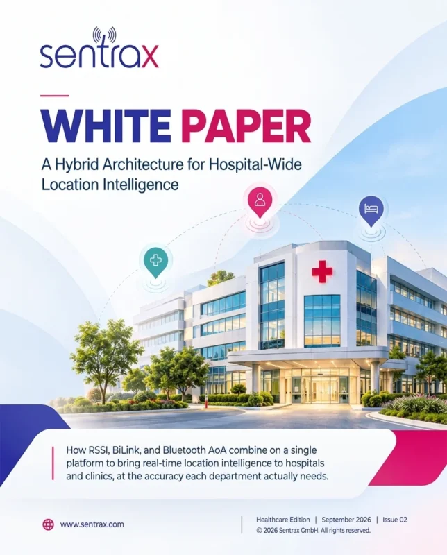Front view of a modern hospital building with a red cross, and the title 'White Paper' alongside the Sentrax logo.