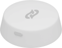 White circular smart-home puck with a small side button and a gray logo on top.