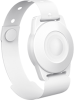 White smartwatch with a round sensor housing on the back and a white silicone strap (side view).
